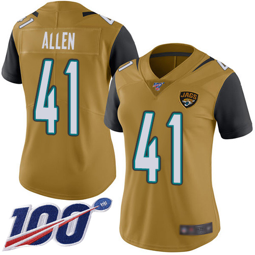 Nike Jacksonville Jaguars 41 Josh Allen Gold Women Stitched NFL Limited Rush 100th Season Jersey